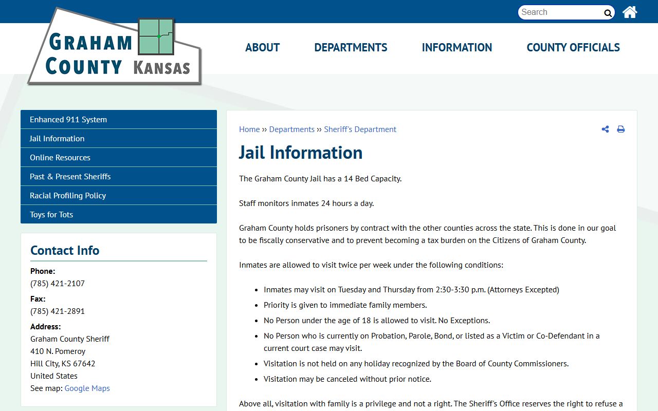 Graham County Jail information page for inmate custody and visitation